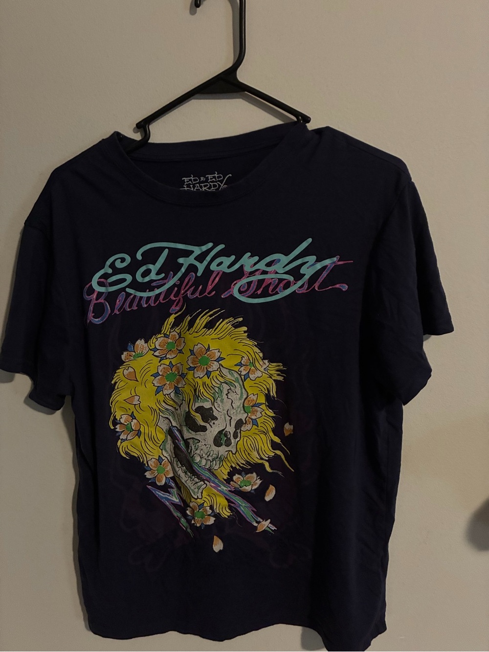 Ed Hardy Black Tee with Yellow Floral Skull Graphic